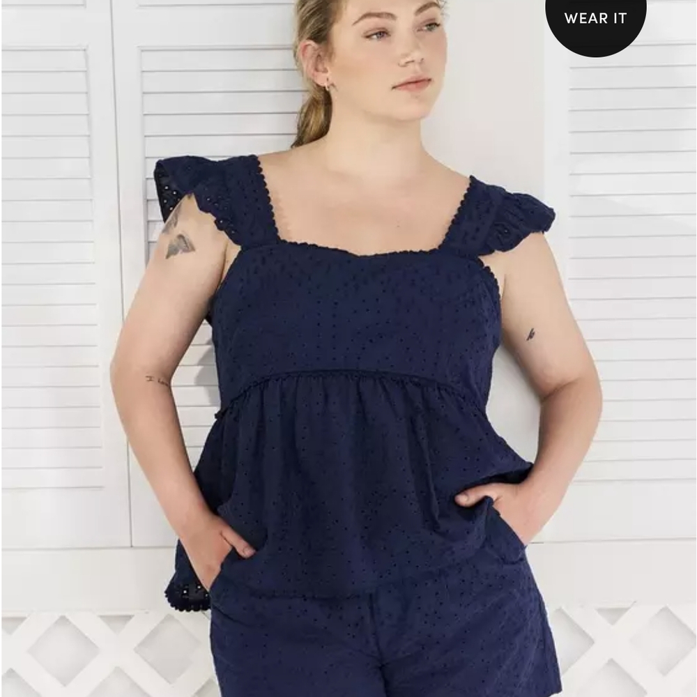 Torrid Navy Eyelet Flutter Sleeve Blouse